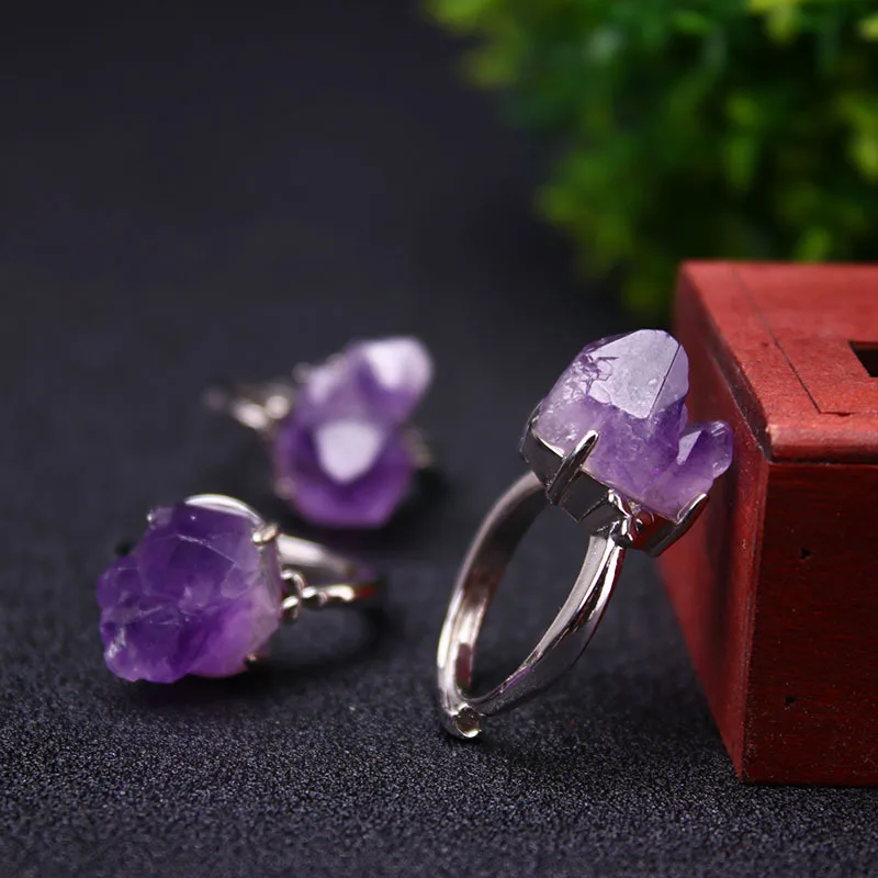 

Natural Amethyst Raw Stone Hand Carved Ring, Fashionable Boutique Jewelry for Men and Women, Adjustable Opening Ring Gift