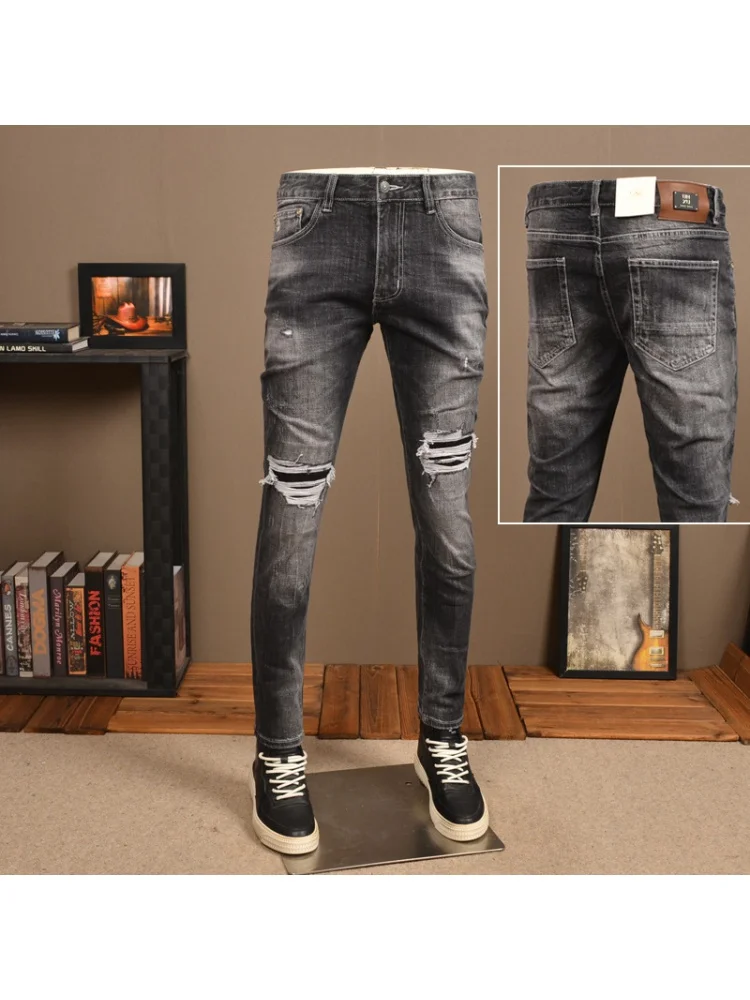 Vintage Printed Ripped Jeans Men's Street Handsome All-Match Stretch High Street Spray Paint Casual Skinny Tappered Pants
