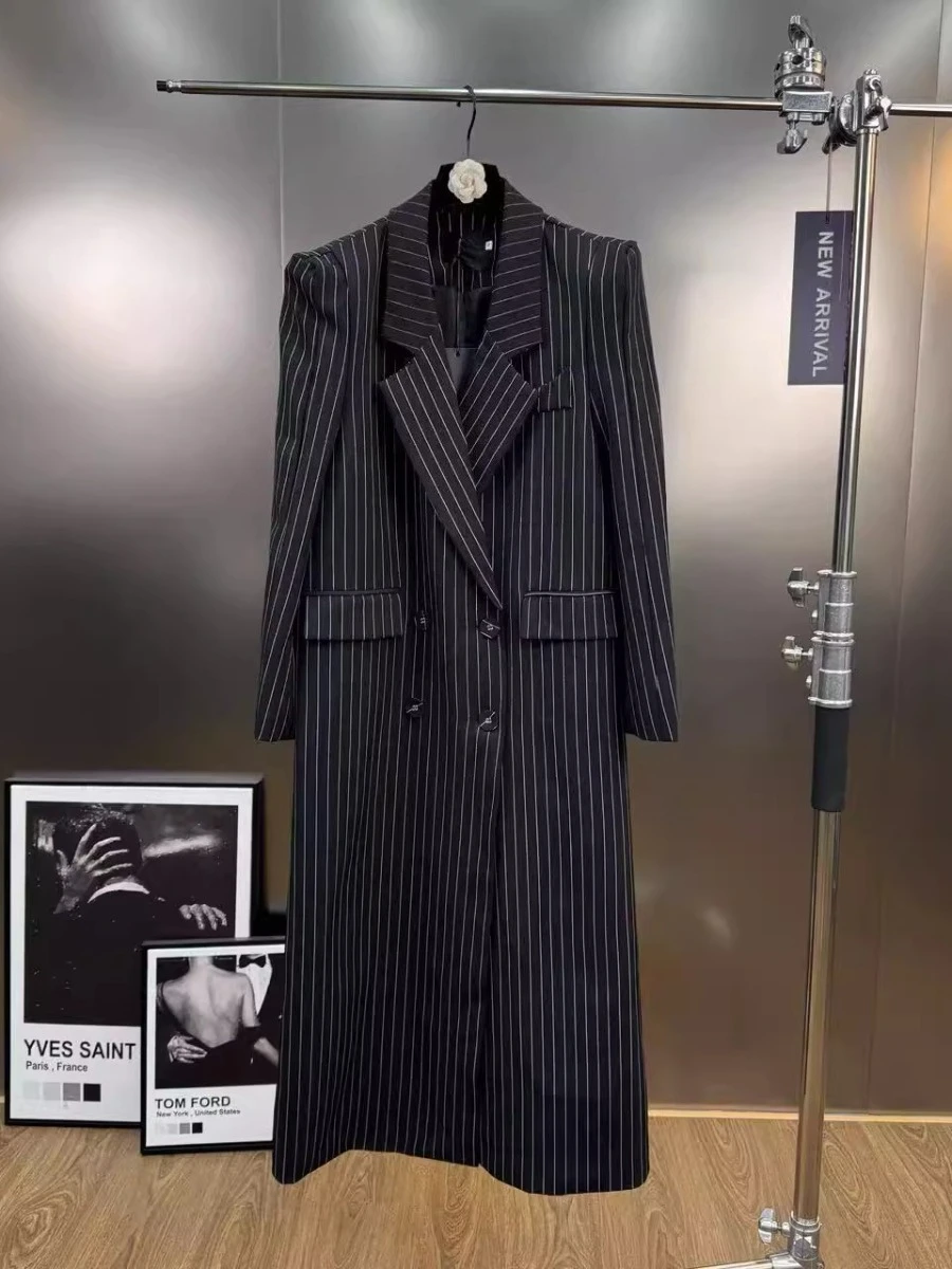 

CHICEVER полосатые комплекты из двух предметов для женщин, свободный плащ с длинными рукавами и пуговицами с лацканами, широкие брюки с высокой талией, женский костюм