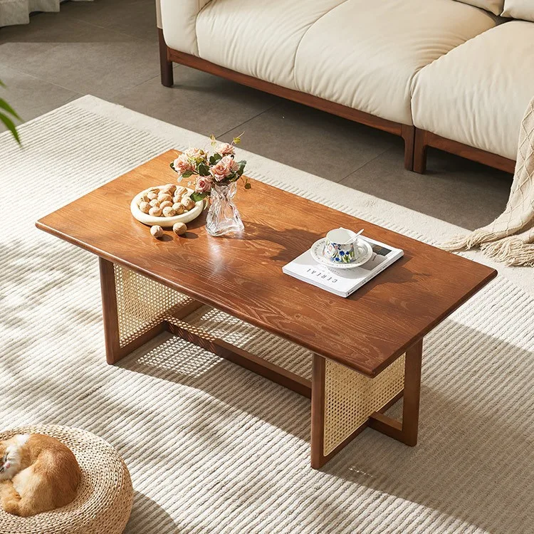 Japanese-style solid wood tea table rectangular household small coffee table living room rattan ash wood bed and breakfast