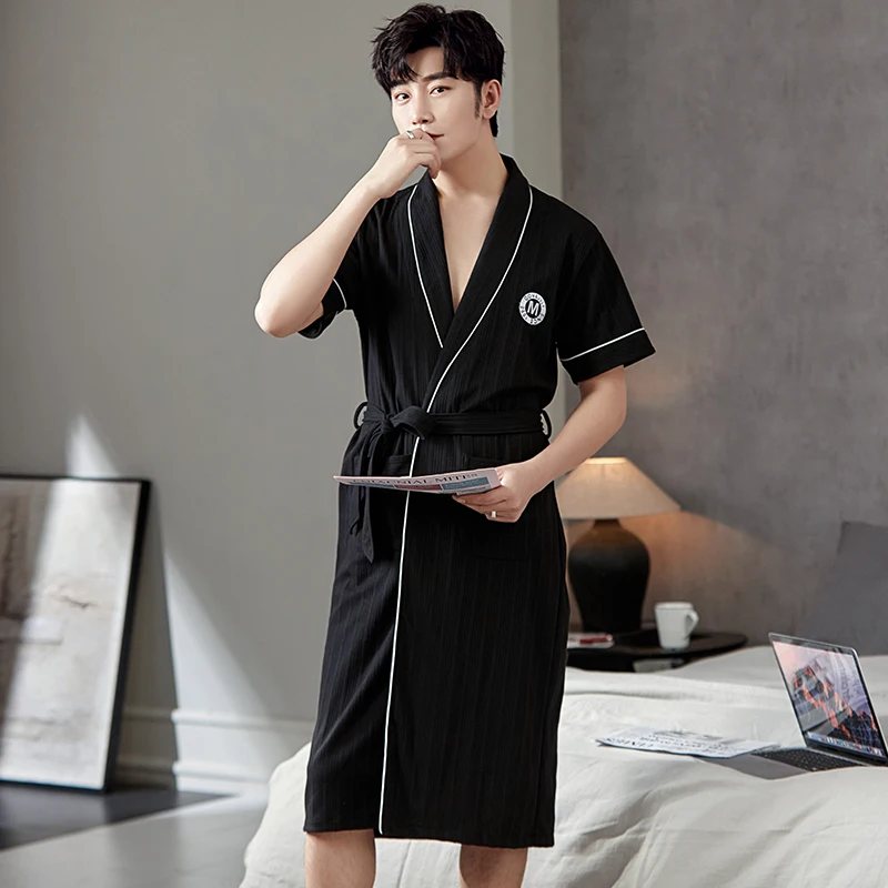 Fashion Bathrobe New Style Thin Cotton Knited Men Robes V Neck Mens Sexy Sleepwear Summer Male Kimono Short Sleeve Pajamas L-4XL