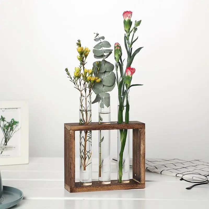 1Set Transparent Glass Vase Wood Frame Iron Art Terrarium Bonsai Table Ornaments Glass and Wood Vase Planter Terrarium Table
