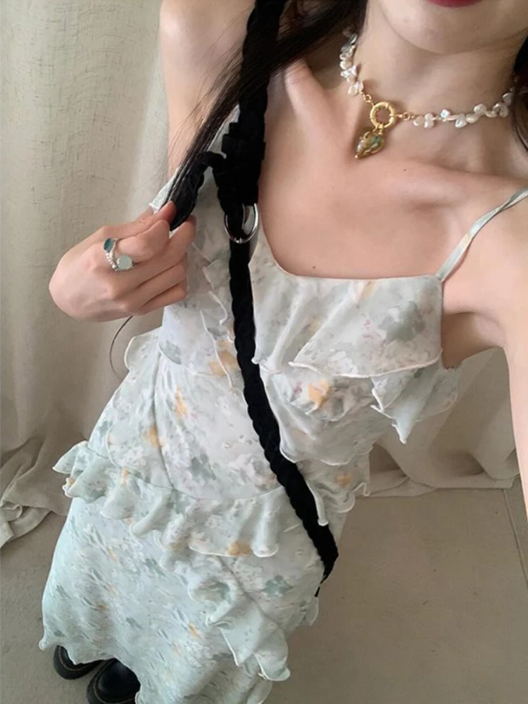 여성용 프릴 페어리코어 미디 드레스, 프렌치 스타일, 빈티지 프린트, 세련된 미적, 불규칙 디자인 공주, 여름