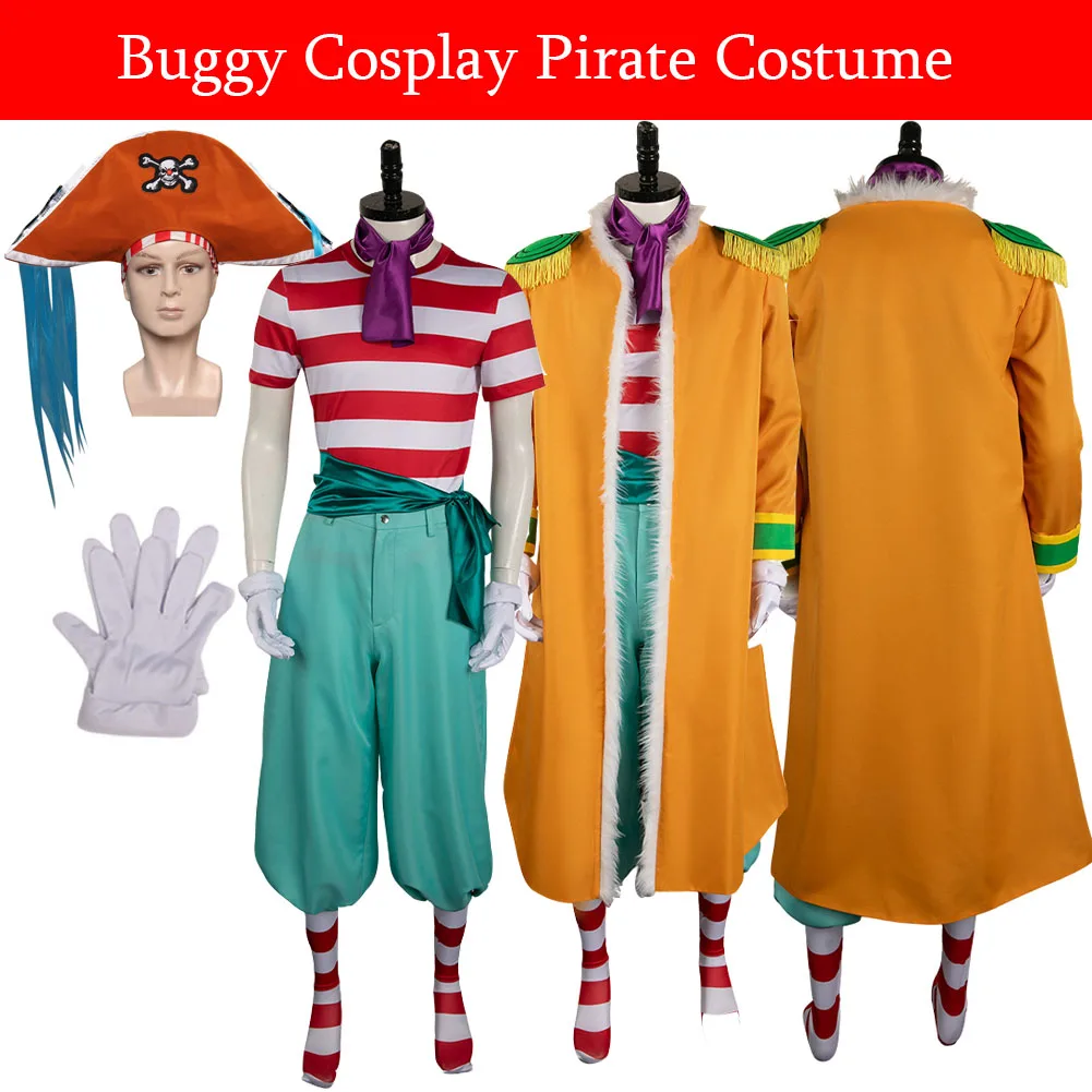 Buggy Cosplay Fantasia Male Costume Anime Pirate Disguise Hat Gloves Coat Scarf Gloves Outfits Adult Roleplay Halloween Suits