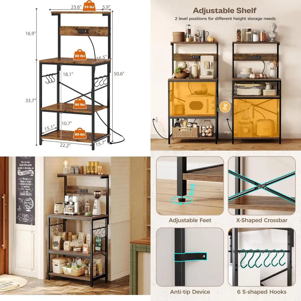 

Rustic Brown Kitchen Baker's Rack with Power Outlet, 4-Tier Coffee Bar Table, 6-Hook Storage for Spices, Pots & Pans