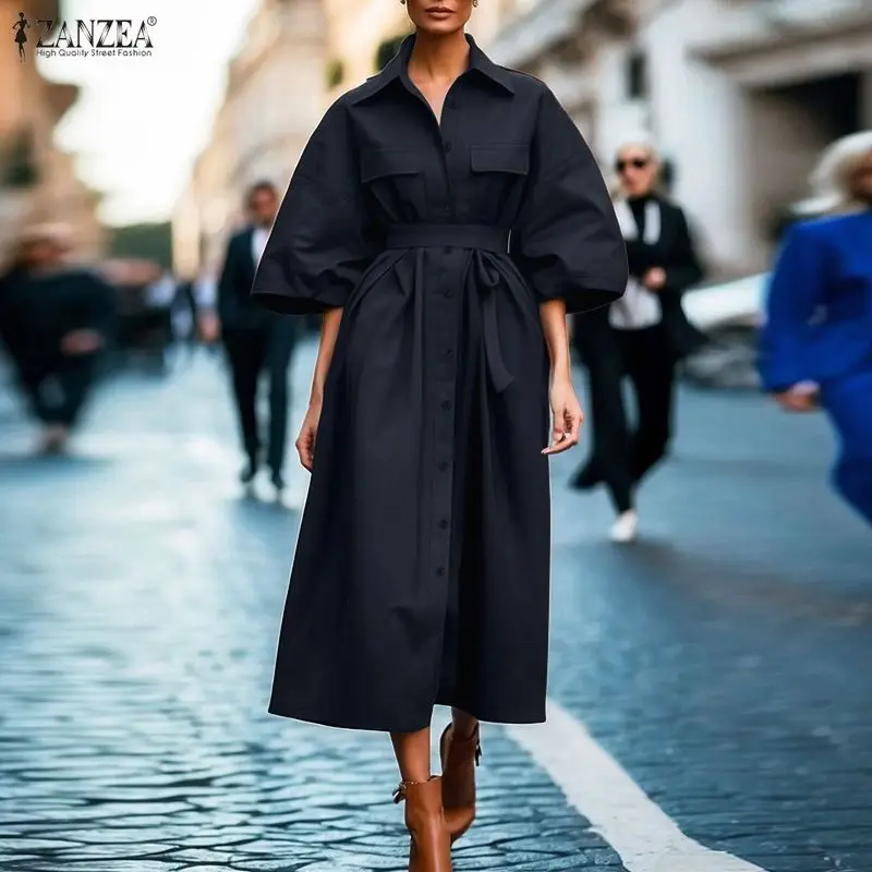 

ZANZEA Streetwear Belted Shirt Dress Women's Turn-Down Collar Half Sleeves Button Up Solid Color Midi Dresses Woman Clothes 3XL