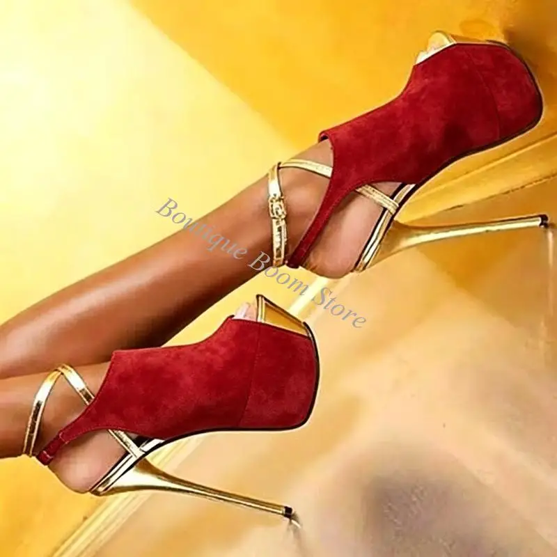 Summer Red Navy Blue Suede Gold Strap Platform Sandals Super High Heels  Ankle Strap Peep Toe Stage Performance Woman Shoes view 2