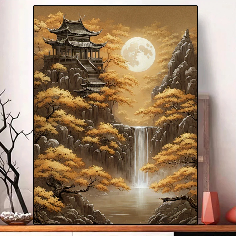 5DDIY Diamond Painting Golden Waterfall Pavilion Landscape Full Round Square Diamond Embroidery Picture Mosaic Home Decoration