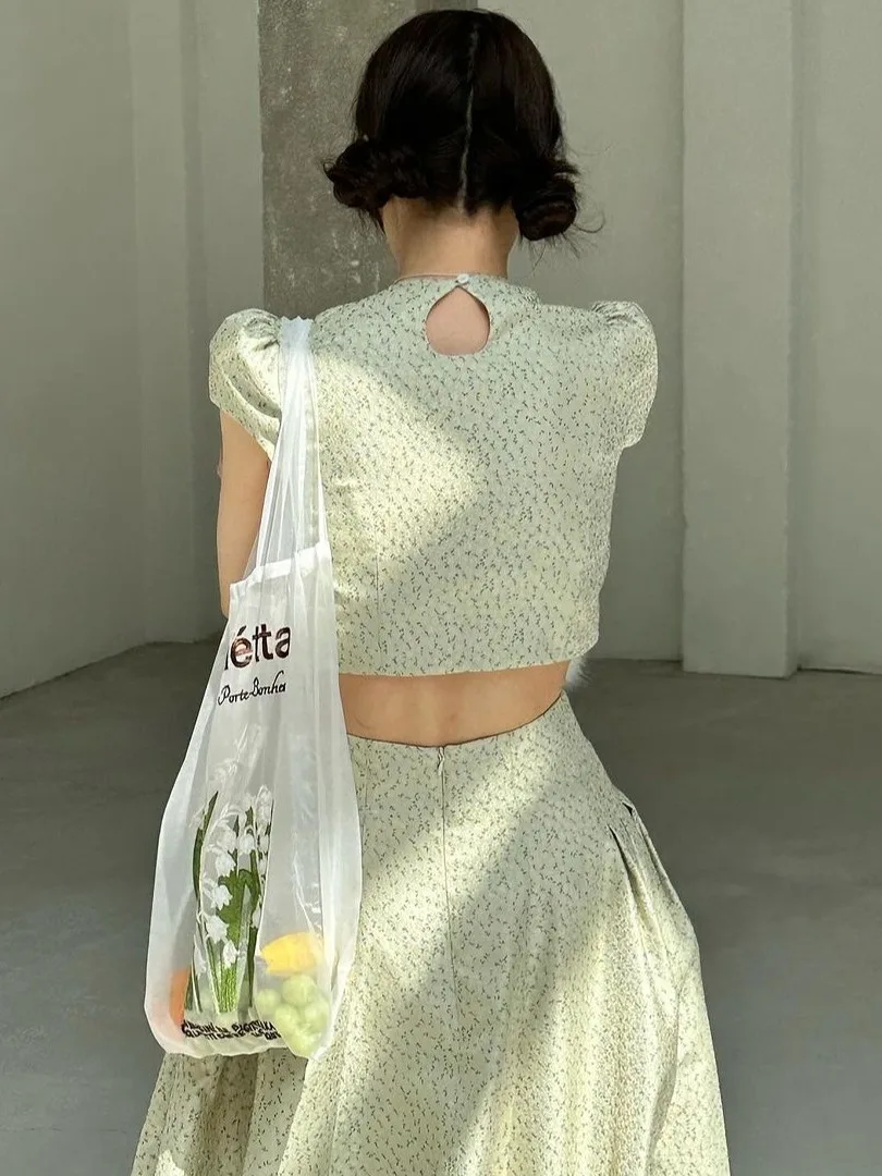 Korean Sle Sweet Floral Print Top And High Waist Long Skirt Two Piece Set Women's Faionable Clothing Commute round Ne S...