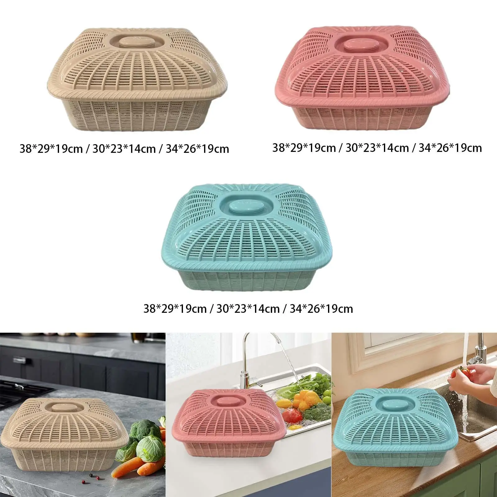 Plastic Fruit Vegetable Washing Basket Strainer with Lid Efficient Draining System for Kitchen Counter