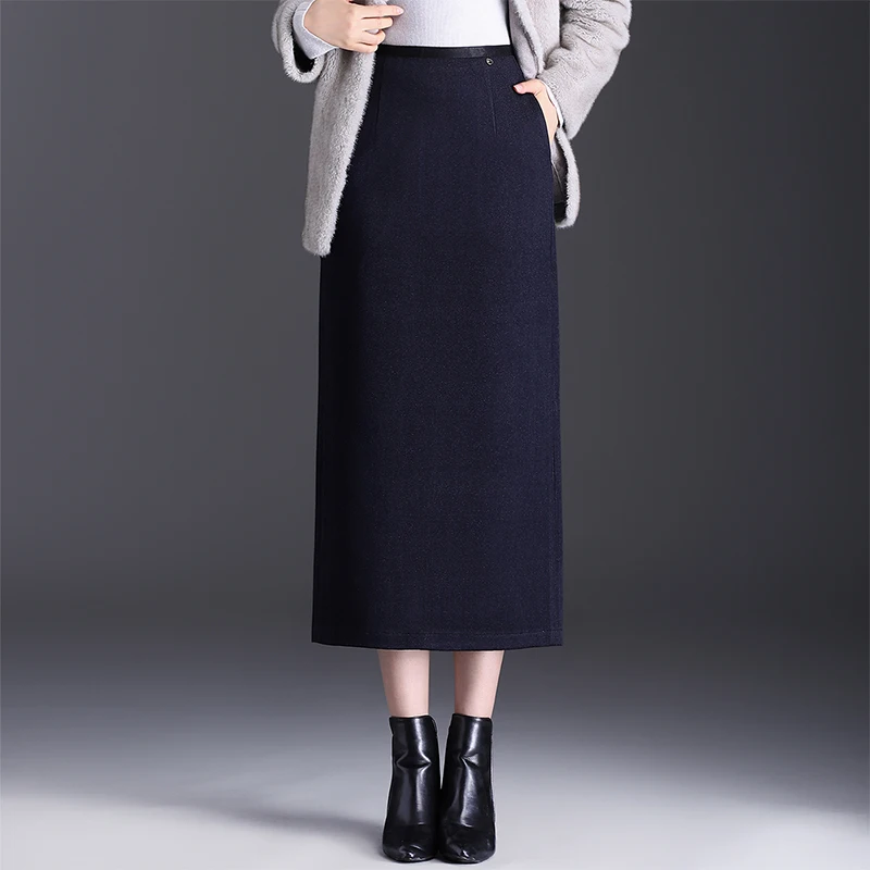 

High Waist Mid-Length Straight Cut Elastic Women's Skirt Casual Sle Busin Suitable Polyester Fiber Skirt