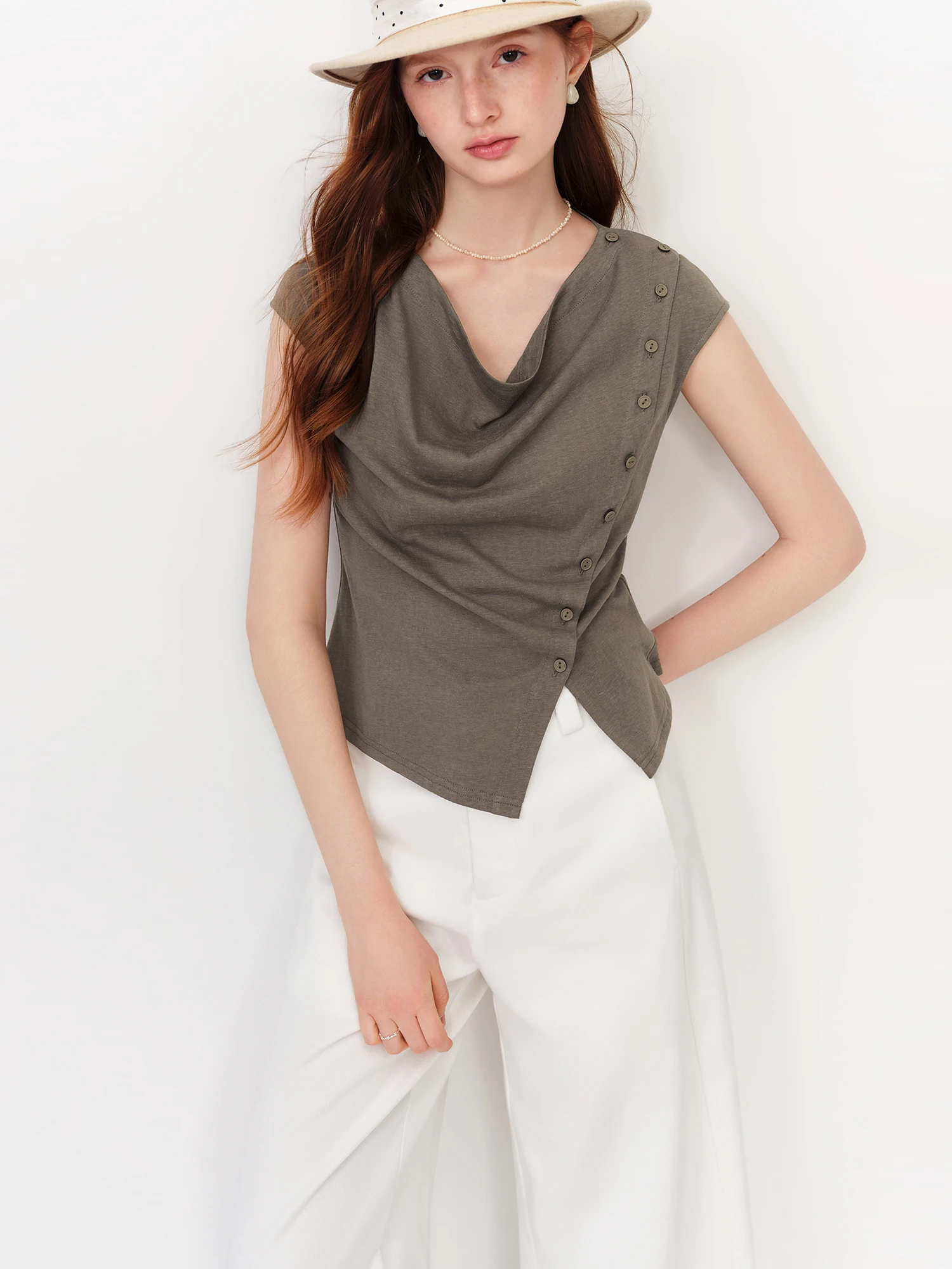 FSLE 2026 Summer Women's Bias Draping Button-Down Top - Refined Minimalist for Daily Commute and Office Wear