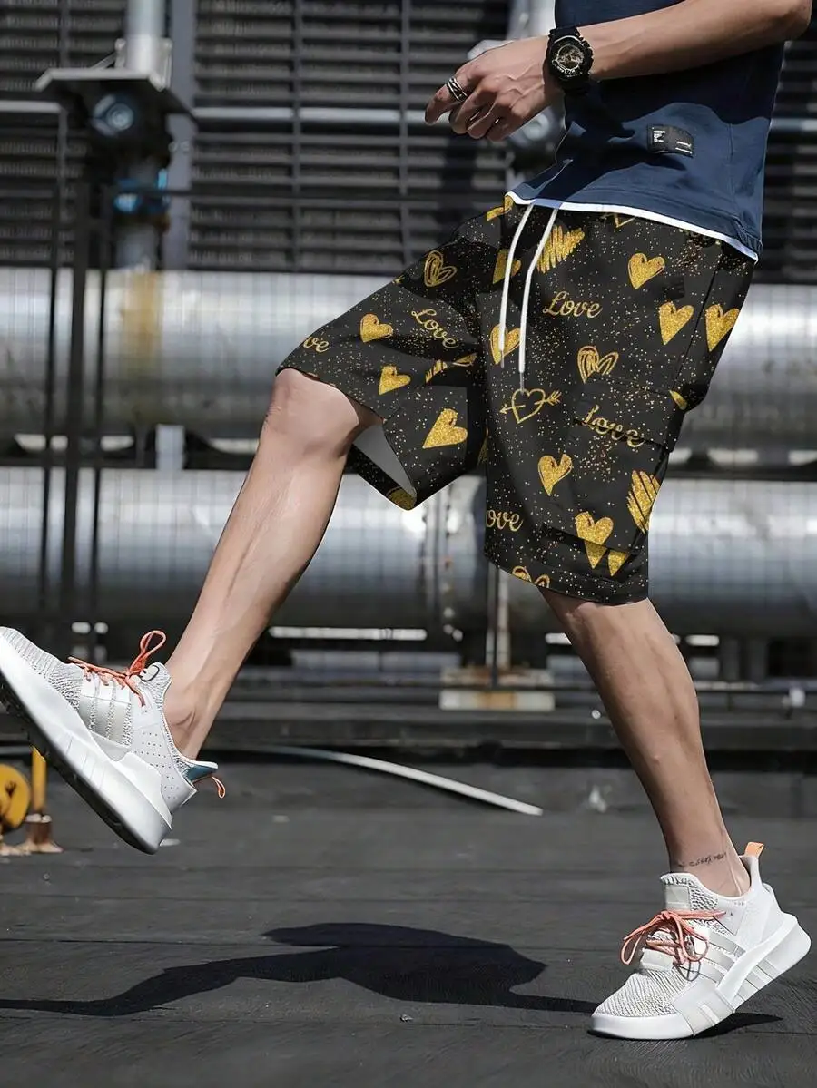 

Love Heart Print Mens Breathable Polyester Cargo Shorts For Outdoor Sports