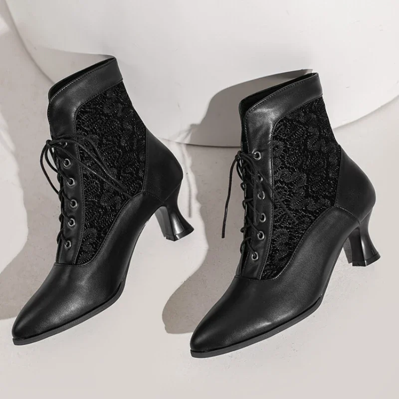 Women Victorian Ankle Boots Leather Lace Heel Shoes for women  Fashion Lace Up Spliced Ladies High Heels Woman Boots Ankle 46