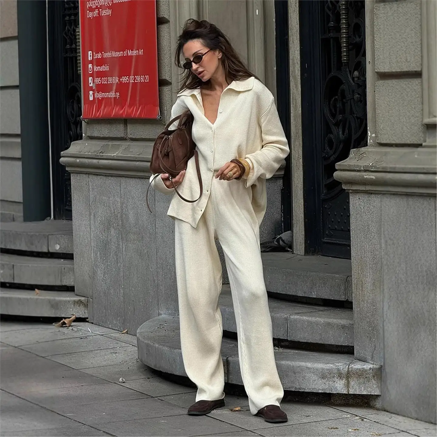 

Свободный вязаный комплект с длинным воротником-свеком для поездок на работу, осень-зима, новый комплект футболки Faion для женщин, китайский бренд