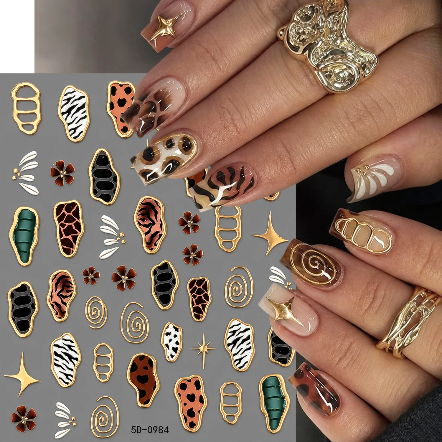 5D Embossed Gold Trim Leopard Nail Decal Sliders Gold-stamped Spiral Line Zebra Pattern Nail Stickers Self-Adhesive DIY Manicure