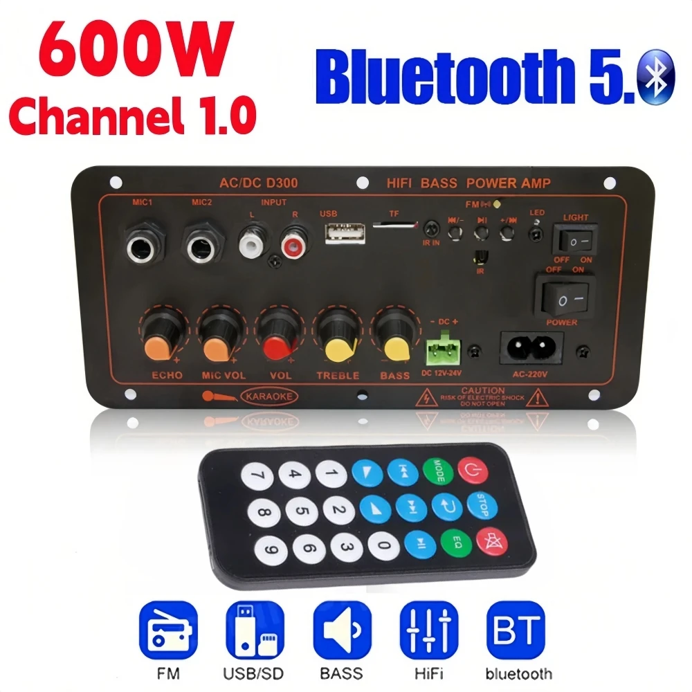 600W Bluetooth 5.0 MP3 Amplifier Board 12V 24V Dual Microphone AMP Module USB TF FM Car Music Lossless Bass Sound for Subwoofer