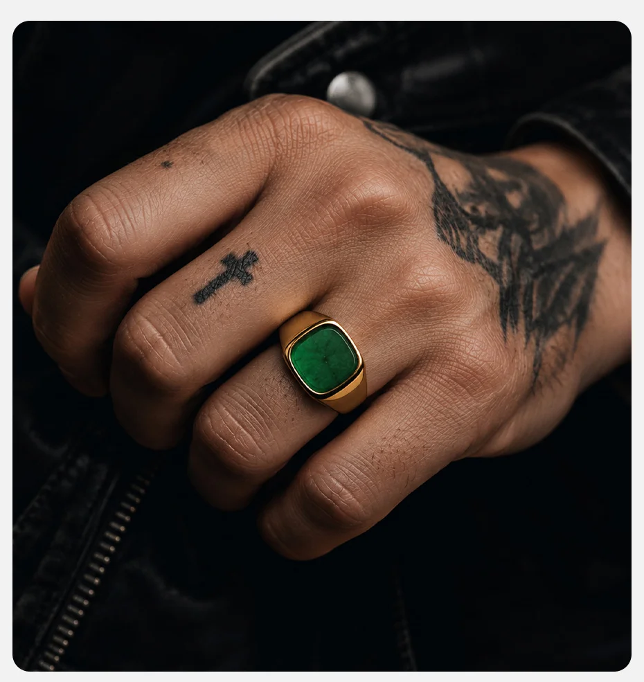Vnox Herren Siegelring, vergoldeter Edelstahl, quadratischer grüner Naturstein-Fingerring, Vintage-Punk-Statement-Schmuck, Geschenk, neu – Detail 3