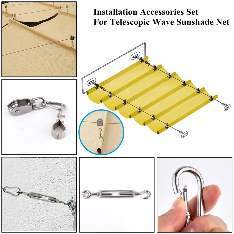 

Customized Installation Accessories Set For Telescopic Wave Sunshade Net Pulley Spring Buckle Wire Rope Outdoor Awning Fittings