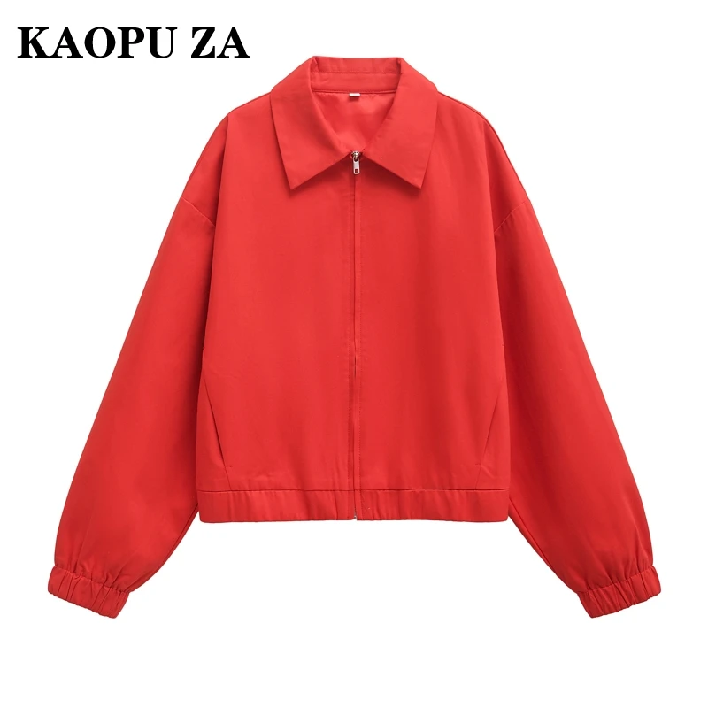 KAOPU ZA 2024 New Autumn Woman's Casual Fashion Turn-down Collar Long Sleeve Coat Female Trendy Screw Thread Solid Color Jacket