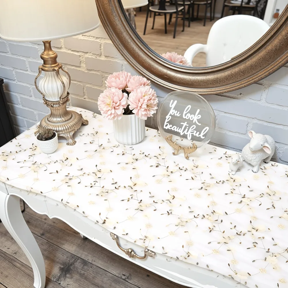 70x300CM Tulle Table Runner Floral Embroidery Lace Floral Table Runner Sheer Polyester Embroidered Lace Table Runner