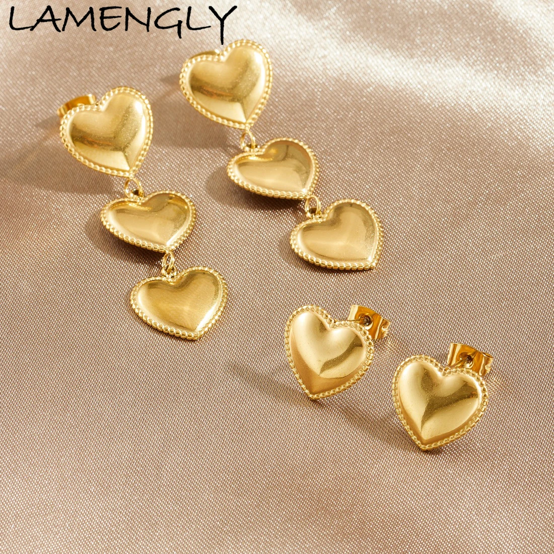 LAMENGLY 316L Stainless Steel Classic Pattern Border Heart-Shaped Earrings Women Elegant Light Luxury Ear Studs Waterproof Gifts