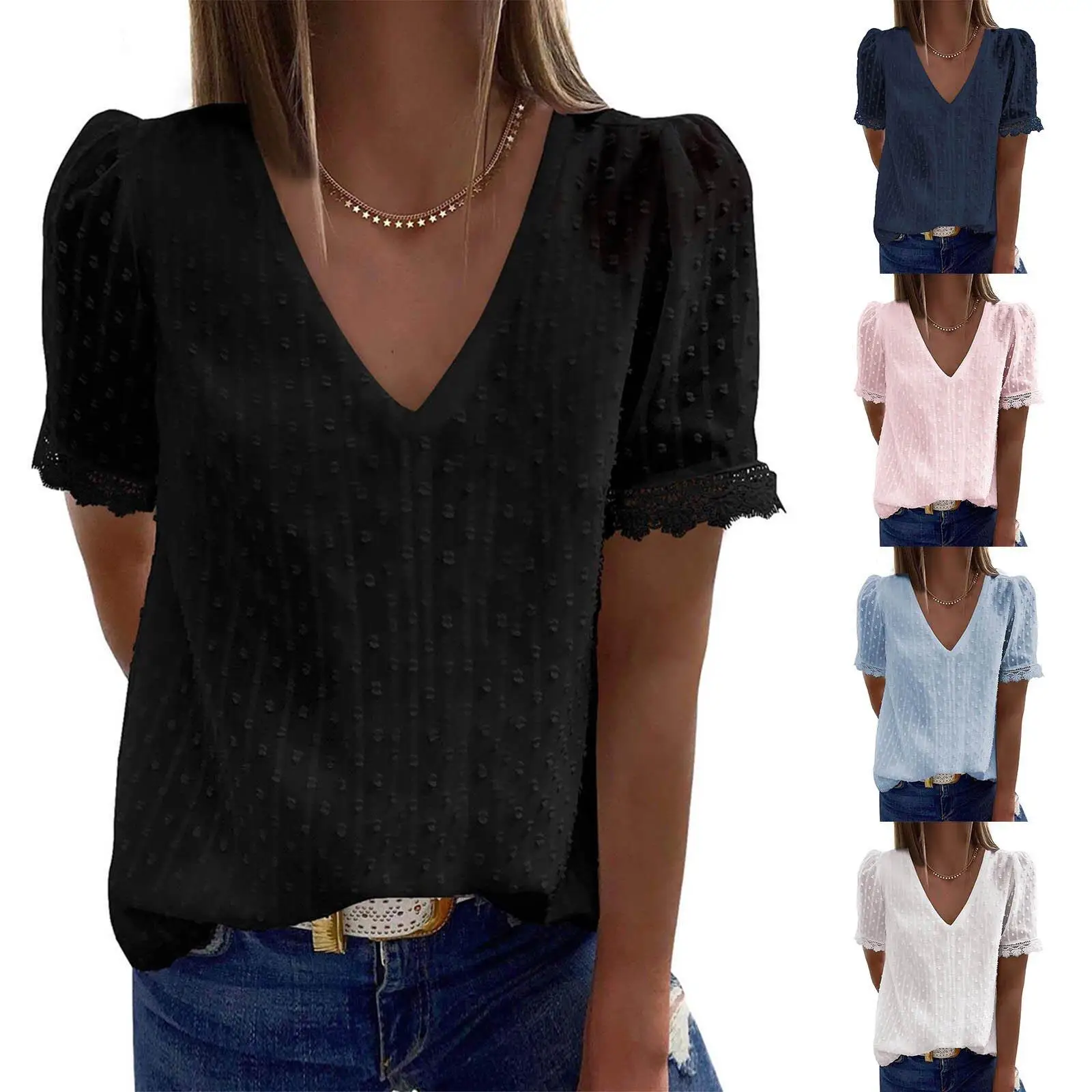 

ort Sve Pullover Collar Lace irt Women's Loose Fit Polyester Fiber Bubble Sve D Effect Tee Dimensional