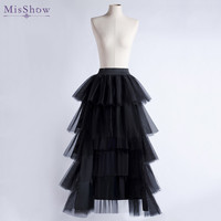 MisShow Gothic Hi-Lo Tulle Tutu Punk Layered Ruffles Tiered Skirt Women High Low Mesh Net Costume Party Prom Pleated Dress Long
