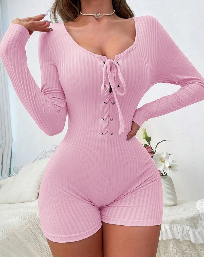 

Summer Pink Threaded Round Neck Tie Up Long Sleeved Textured Tight Fitting Sexy Solid Color Casual Fashion Shorts Jumpsuit