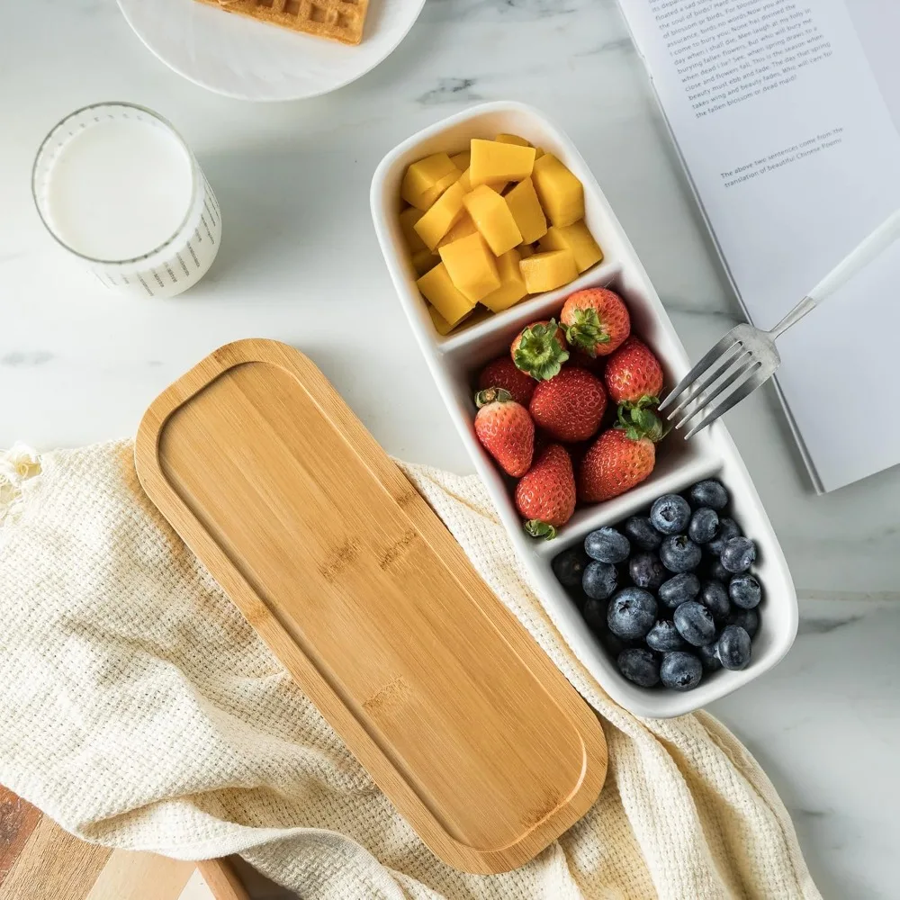 صينية بهار مكونة من 3 أقسام، وعاء رقاقة وغمس مع صينية تقديم خشبية، مثالية للوجبات الخفيفة والمقبلات والفحم والرقائق، كاليفورنيا