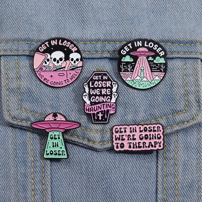 Gothic Cartoon Alien Enamel Pins GET IN LOSER UFO Space Brooches Lapel Badge Clothes Backpack Pin Halloween Jewelry for Friends