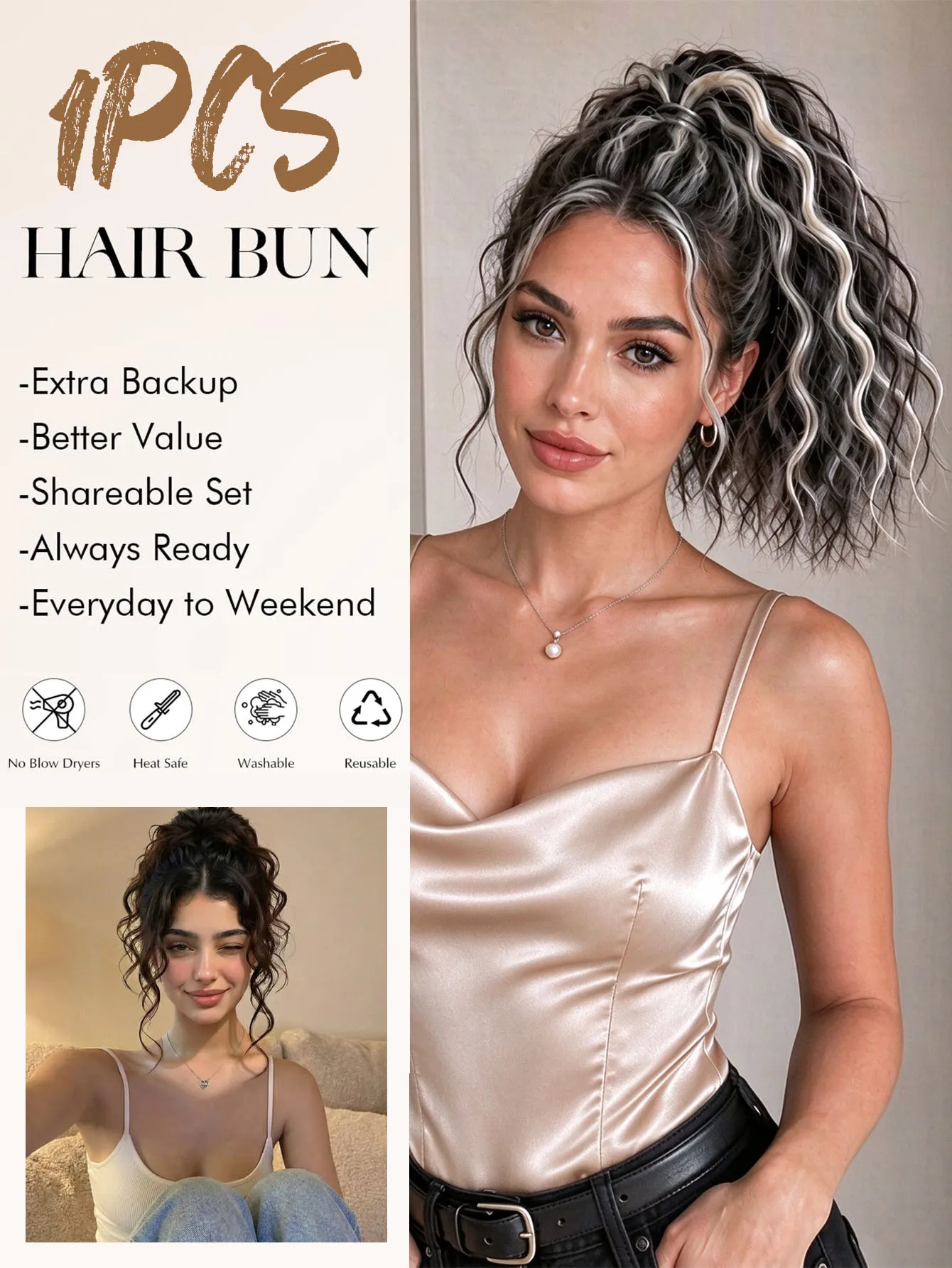OLACARE Synthetic Curly Hair Bun Extensions Wig Wavy Curly Chignon Hair Bun with Rubber Band Fluffy Hairpiece Women Daily Party