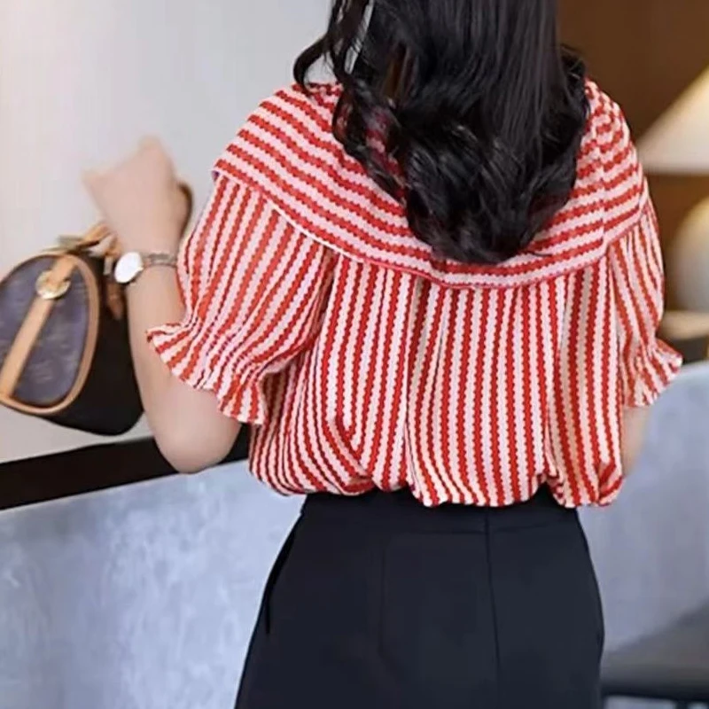 Fashion All-match Off Shoulder Blouse Thin Short Sleeve Print Loose Office Shirt Tops Summer New Elegant Vintage Women Clothing