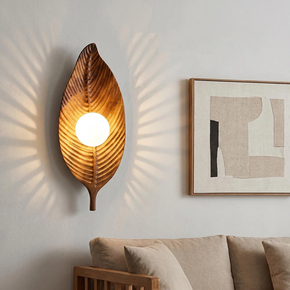 Wabi-sabi Tree Leaf Wall Lamps Solid Wood Walnut Color Wall Light for Bedroom Bedside Living Room Hallway Entrance Stair Lamps
