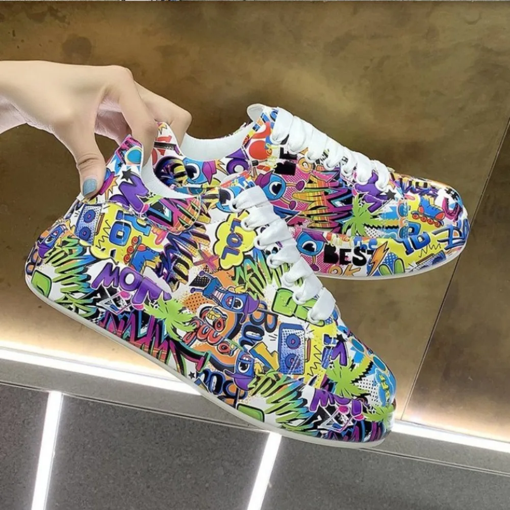 Flat Women's Sneakers New Painted Casual Graffiti Lace Up Sports Shoes for Women Pu Leather Ladies Running Shoes spring autumn