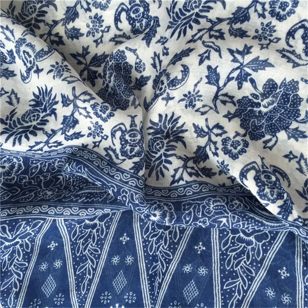 Chal estampado para mujer, bufanda grande de 110x180cm, Pashmina con borlas de porcelana azul y blanca