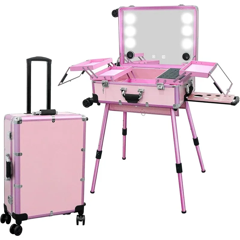 Large Storage Cosmetic Orgainzer Box Aluminum Alloy Protable Makeup Artist Trolley W/Lighted Mirror and Retractable Legs