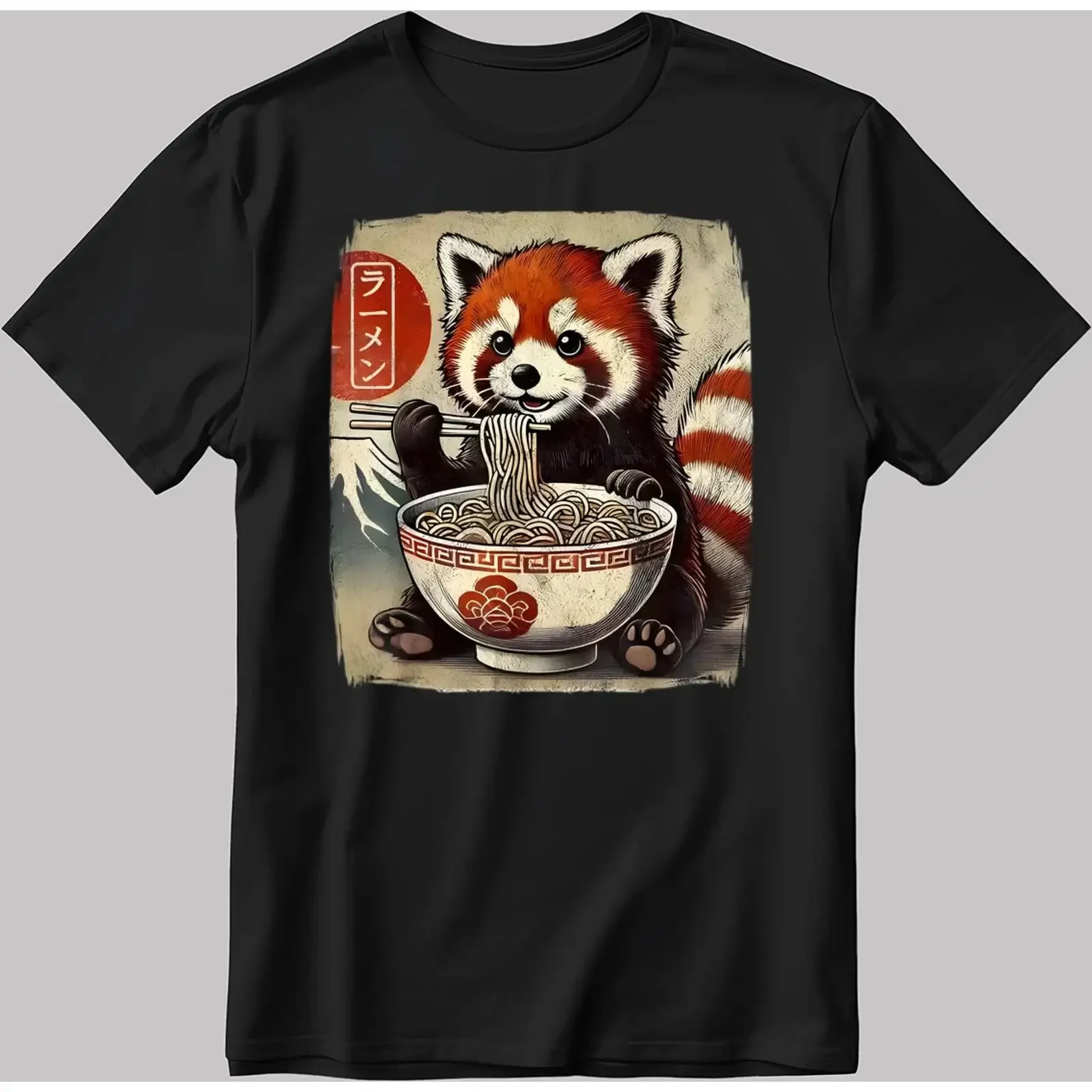 Waschbär essen Ramen schwarz weiß Herren Damen T-Shirt AA04 Vintage Washed Top für den Alltag Casual Stretched Unisex