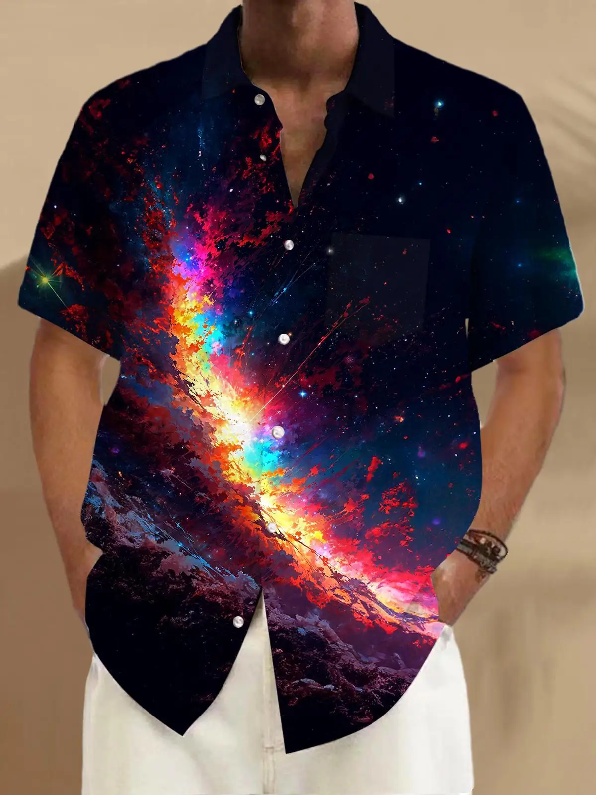 

New men's meteor short-sleeved shirt, printed and painted fashionable trend short-sleeved summer shirt, XL-5XL size range
