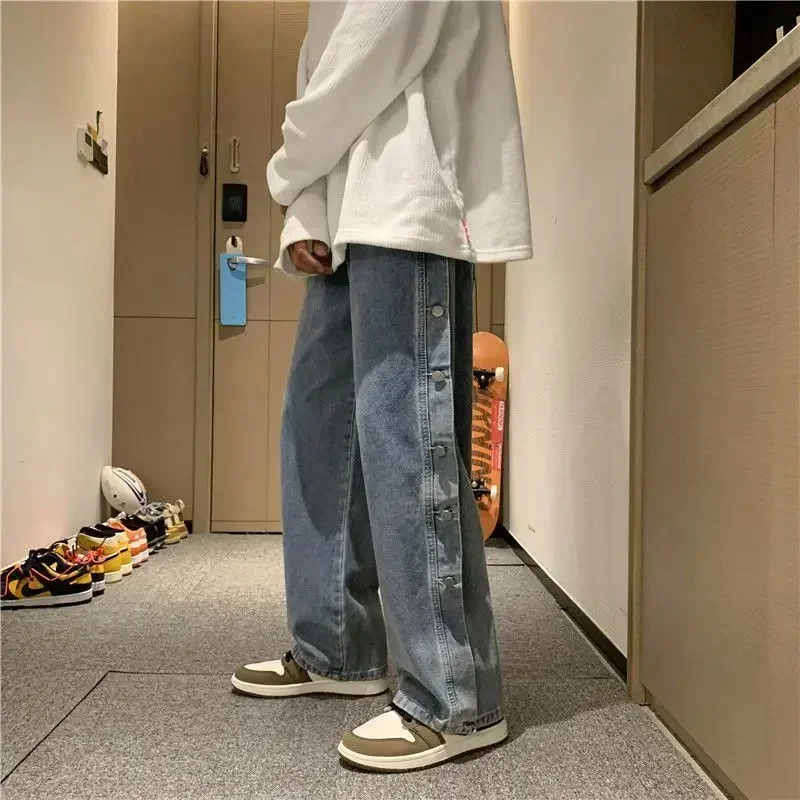 

Trousers Straight Jeans for Men Buttoned Male Cowboy Pants Wide Leg Baggy Y 2k Vintage Korean Style Y2k Classic Trend 2024 Soft