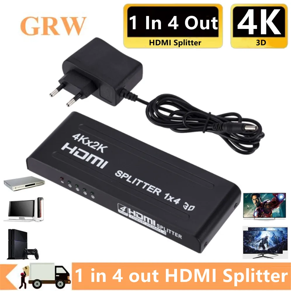 4K x 2K HDMI Splitter HDMI Switch 1 in 4 Out Video Distributor Amplifier 1x4 Splitter for HDMI Box PC Monitor Projector Laptop