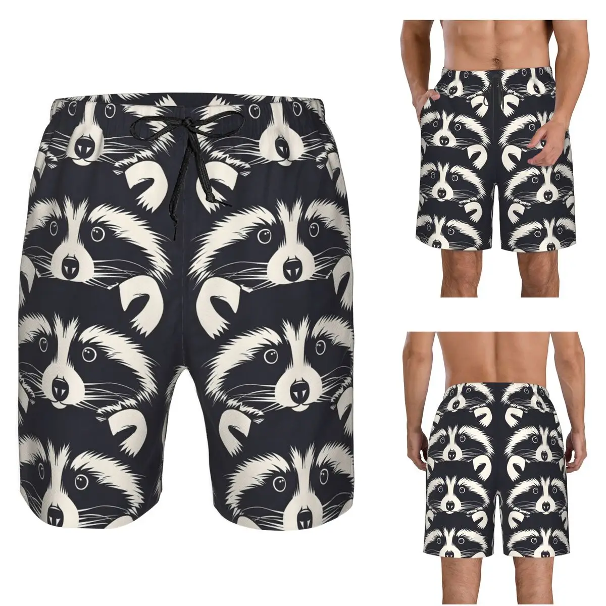 Black And White Raccoon Face Pattern Trunks Beach Board Shorts Casual Quick Dry Swimming Summer Men Pants