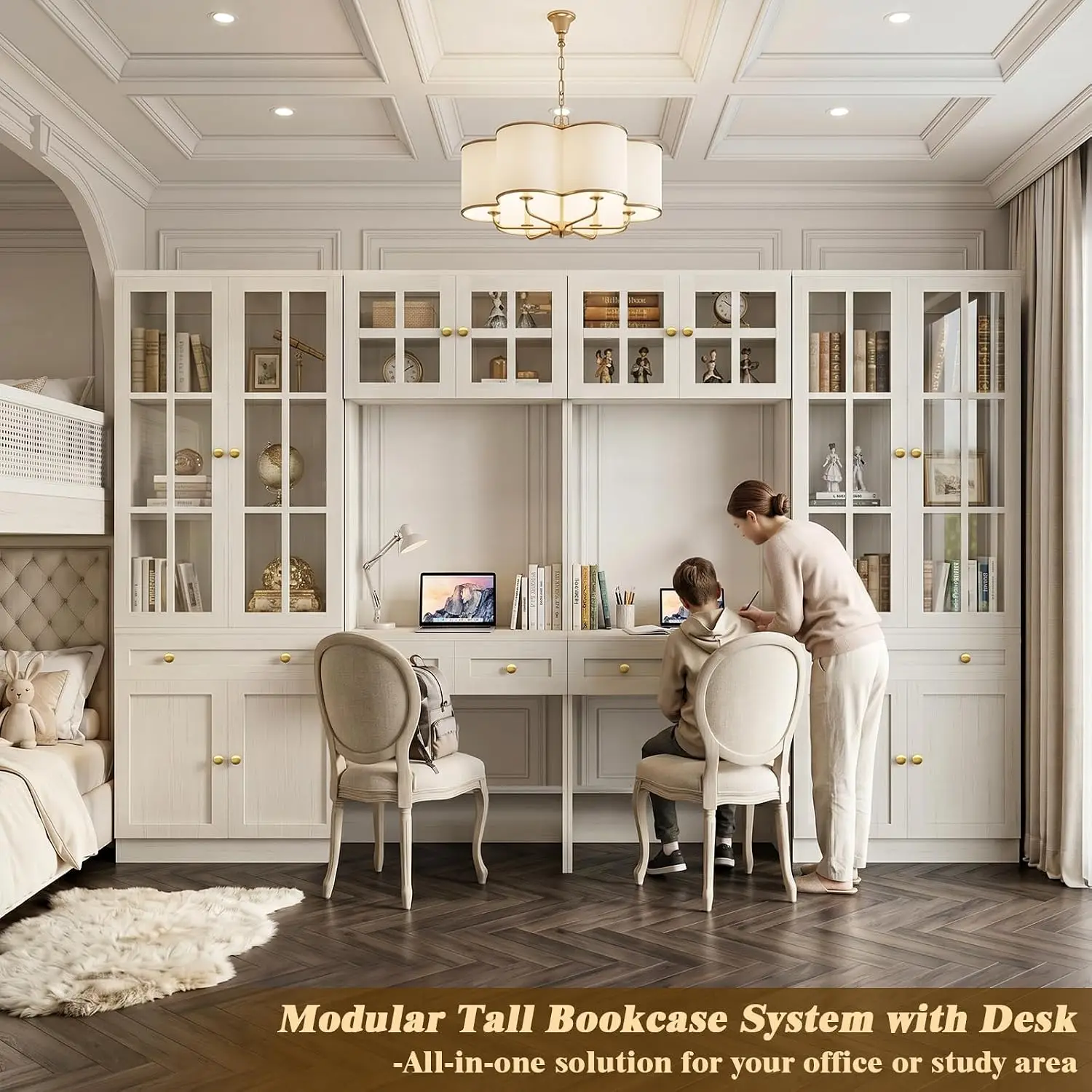 Bookcase with Desk & Glass Doors, Study Desk with Bookshelf, Customized