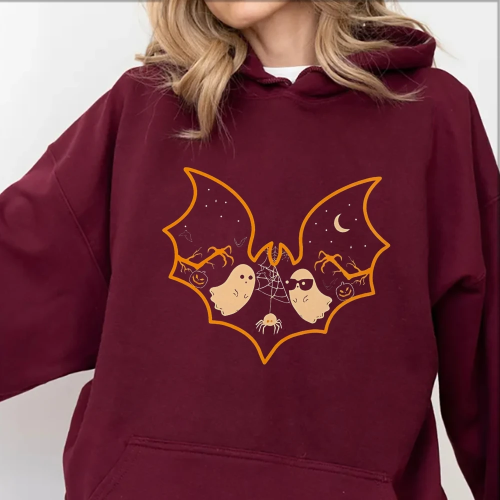 

Halloween Bat Sunglasses Cute Ghost Hoodie Spooky Season Graphic Pullovers Oversize Female Clothing Halloween Lady Tops Y2k