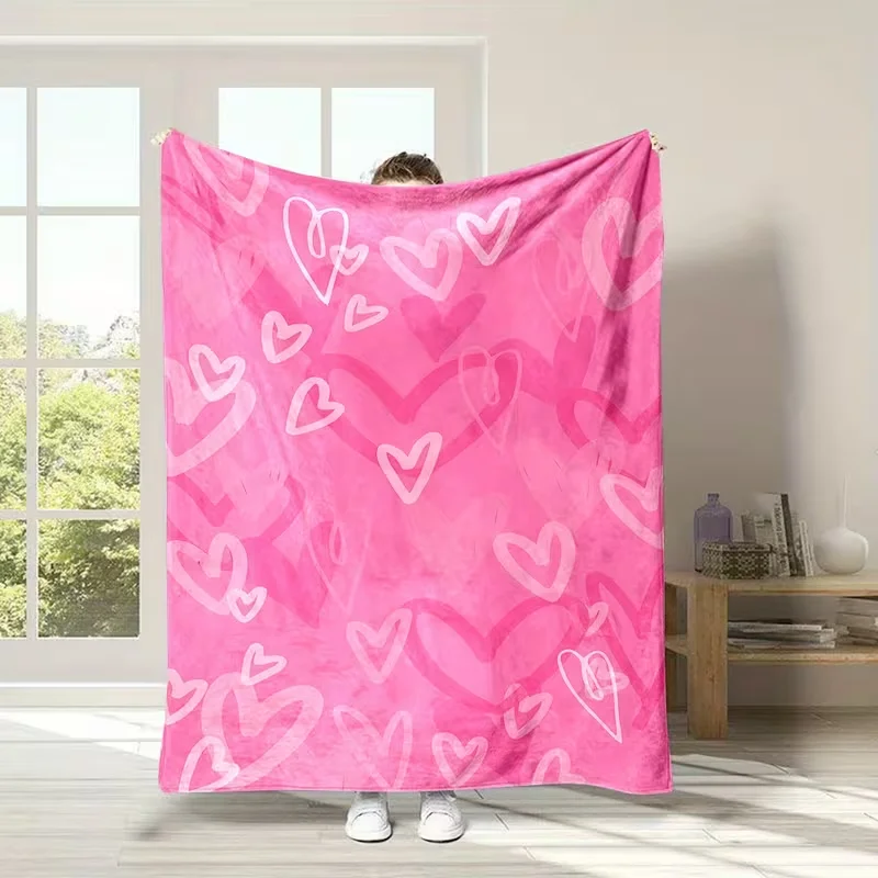 Pink Hand Drawn Heart Pattern Throw Blanket Soft Cozy Sofa Bed Blanket Sweet Bedroom Decor Warm Travel Nap Blanket