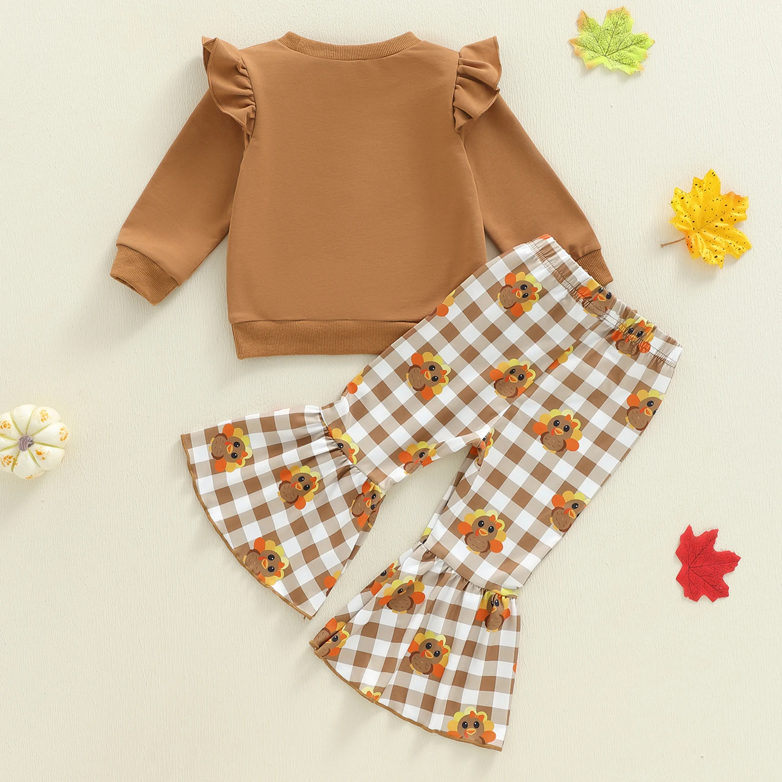 طقم ملابس للفتيات الصغيرات لعيد الشكر للأطفال بأكمام طويلة وسروال منقوش عليه حروف تركية مكون من قطعتين #2