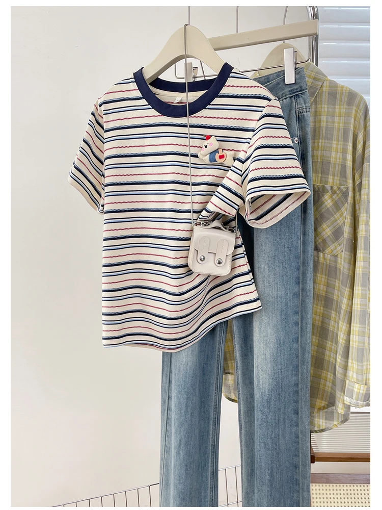 

Summer New Striped T-Shirt Girls Cute Plush Color Block round Neck Cotton Short Sleeve Top Fun Fashionable Chic Female Shirt