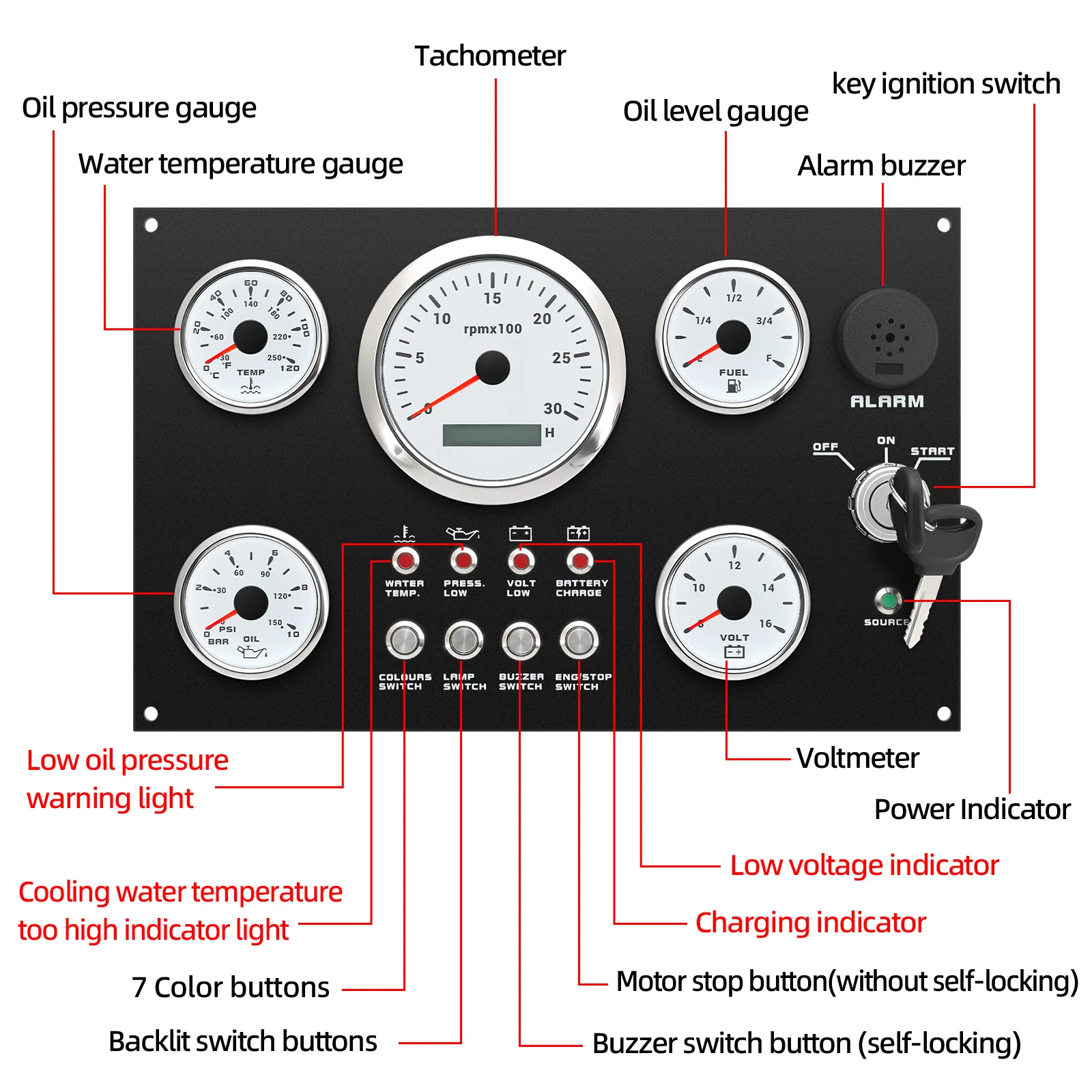 لوحة تبديل 12 فولت مع مقياس سرعة الدوران 0-3000 دورة في الدقيقة 0-120 ℃ مقياس الوقود E-F لدرجة حرارة الماء 0-10BAR ضغط الزيت 8-16 فولت مجموعة السيارة الجهد #4