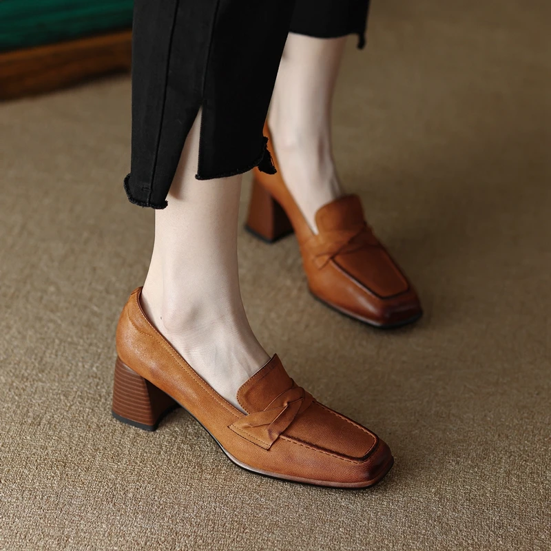 2023 Spring/Autumn Women Loafers Square Toe Chunky Heel Women Shoes NEW Genuine Leather Shoes Women Casual Retro Pumps for Women