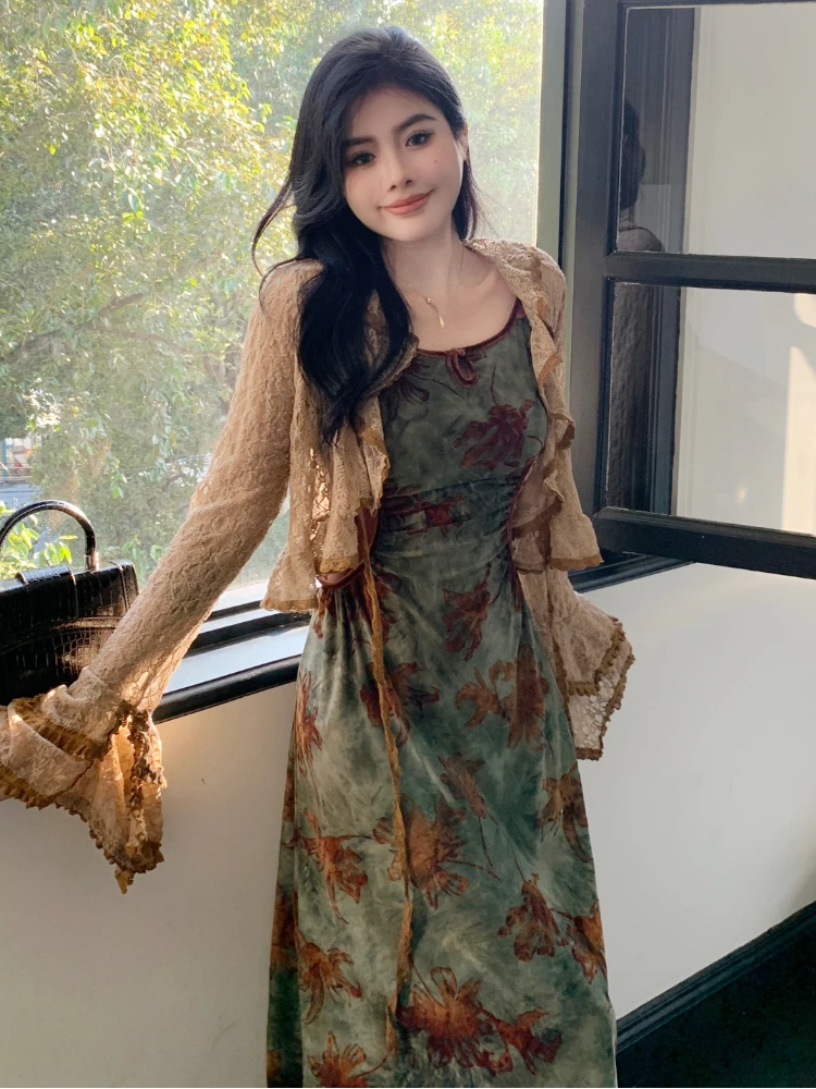 Vintage Elegant Floral Slip 2 Piece Sets Women Hollow Out Y2k Designer Velvet Long Dress Female Korea Fashion Chic Clothes 2024